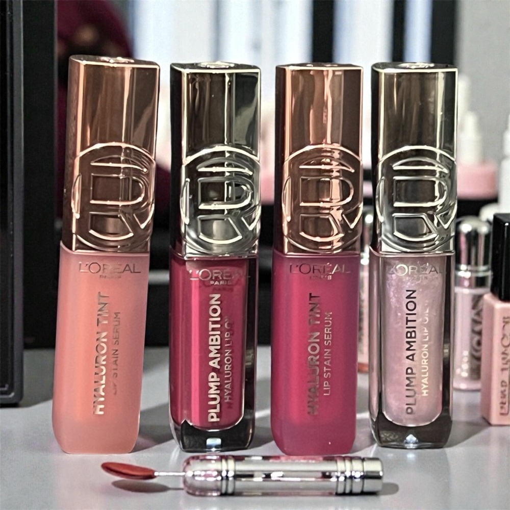 4 L'Oreal Hyaluronic Lip Stain Serum Collection - Coral, Berry, Rose, Nude